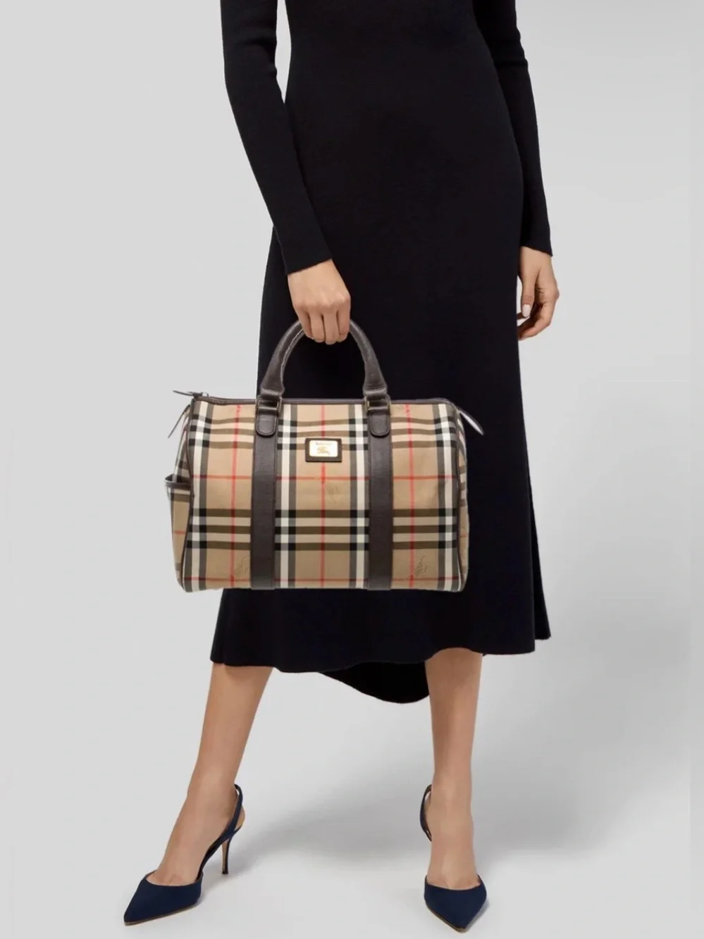 Burberry Haymarket Nova Check Top Handle Boston Travel Tote Carry All Purse Bag